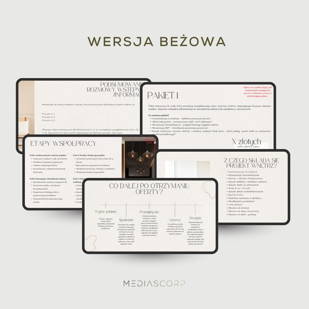 Prezentacja czterech stron z ofertą usług projektowych i marketingowych ułożonych na beżowym tle z logo na dole.