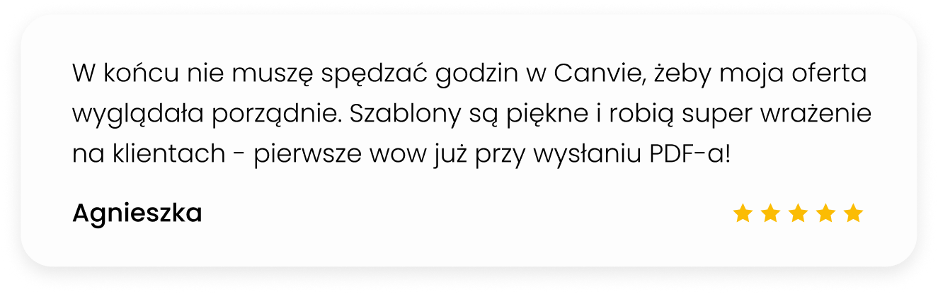 Pięciogwiazdkowa opinia użytkownika Agnieszki chwaląca szablony i pozytywne wrażenie na klientach przy wysyłaniu dokumentów PDF.
