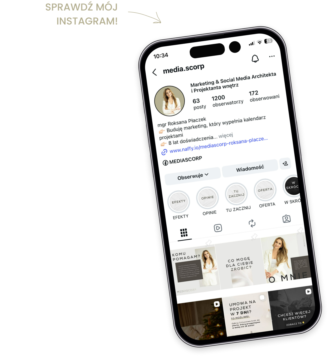 Profil Instagram specjalistki od marketingu i social mediów wyświetlony na ekranie smartfona z widocznymi postami i statystykami.