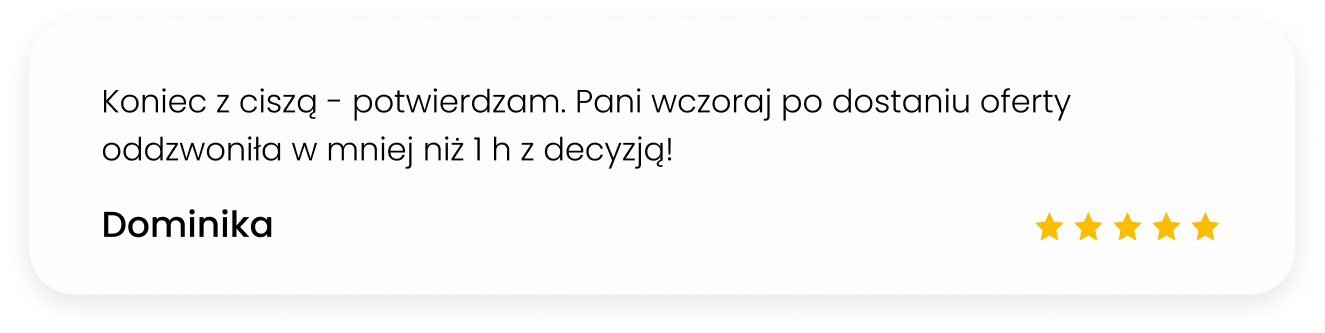Pięciogwiazdkowa opinia klientki Dominiki potwierdzająca szybką realizację zamówienia w ciągu jednej godziny