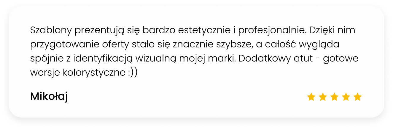Pięciogwiazdkowa opinia klienta Mikołaja chwalącego estetyczne i profesjonalne szablony prezentacyjne oraz kolorystykę marki.