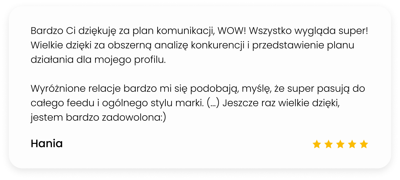 Pięciogwiazdkowa opinia klientki zadowolonej z planu komunikacji i analizy konkurencji dla profilu w mediach społecznościowych