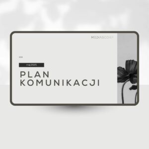 Plan komunikacji na maj 2025 przedstawiony na eleganckim białym dokumencie z czarnym kwiatem w rogu.